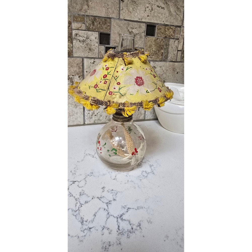 Vintage Miniature Oil Lamp Hand Painted Floral Glass Base Yellow Fringed Shade